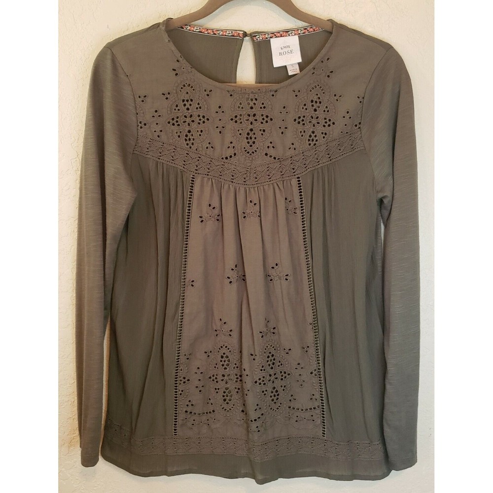 Knox Rose Boho Olive Green Long Sleeve Smocked Shirt Top Embroidered Sz Small